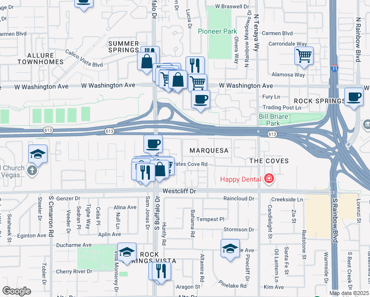 map of restaurants, bars, coffee shops, grocery stores, and more near 7300 West Pirates Cove Road in Las Vegas