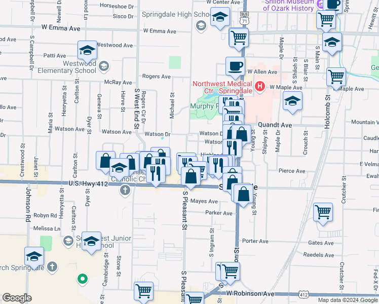 map of restaurants, bars, coffee shops, grocery stores, and more near 1216 Highland Avenue in Springdale