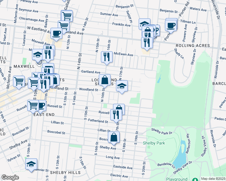 map of restaurants, bars, coffee shops, grocery stores, and more near 1615 Woodland Street in Nashville