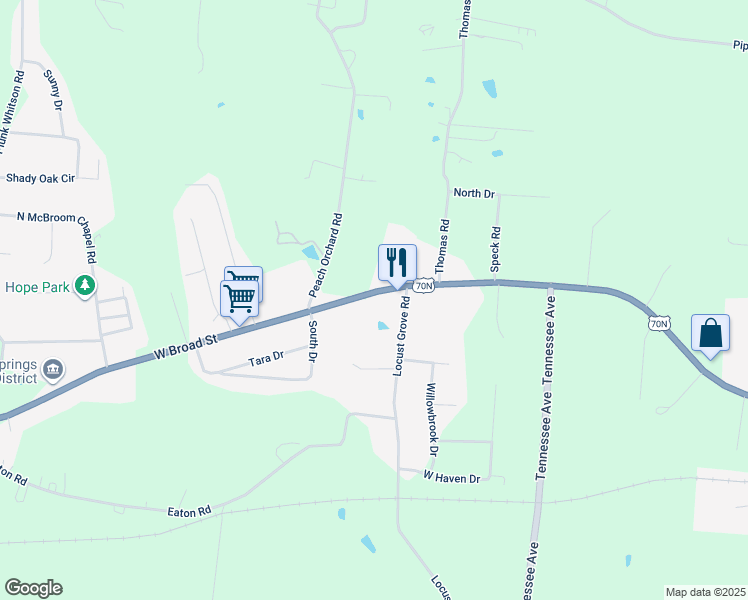 map of restaurants, bars, coffee shops, grocery stores, and more near 2268 West Broad Street in Cookeville