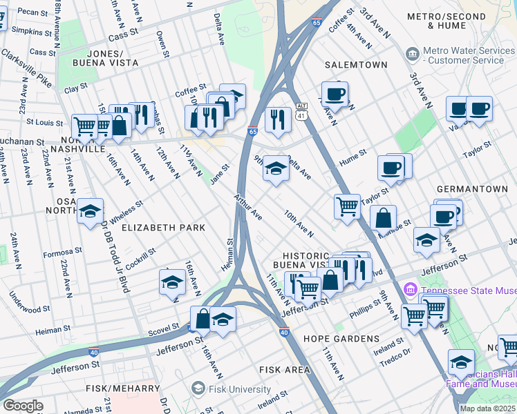 map of restaurants, bars, coffee shops, grocery stores, and more near 1540 Arthur Avenue in Nashville