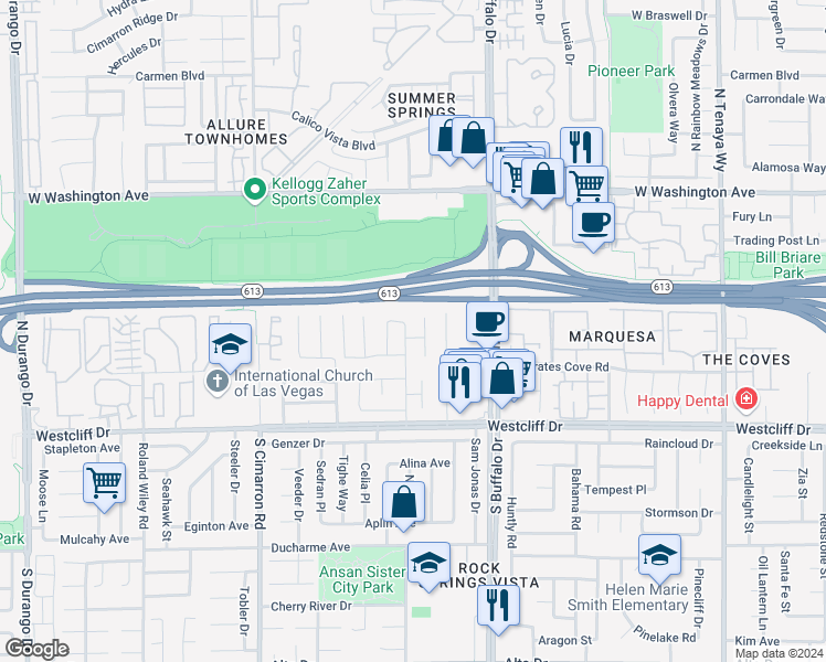 map of restaurants, bars, coffee shops, grocery stores, and more near 401 Firestone Drive in Las Vegas
