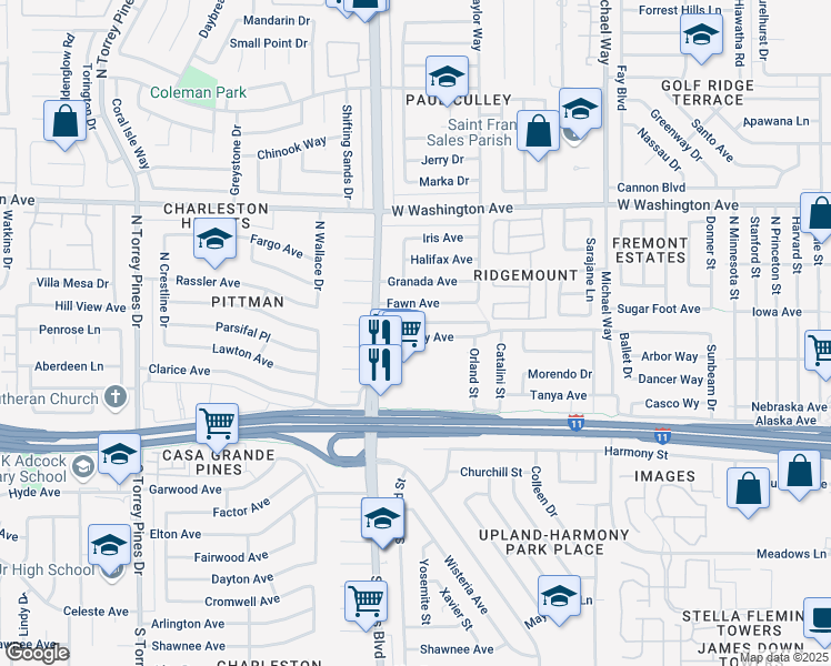 map of restaurants, bars, coffee shops, grocery stores, and more near 5916 Bromley Avenue in Las Vegas