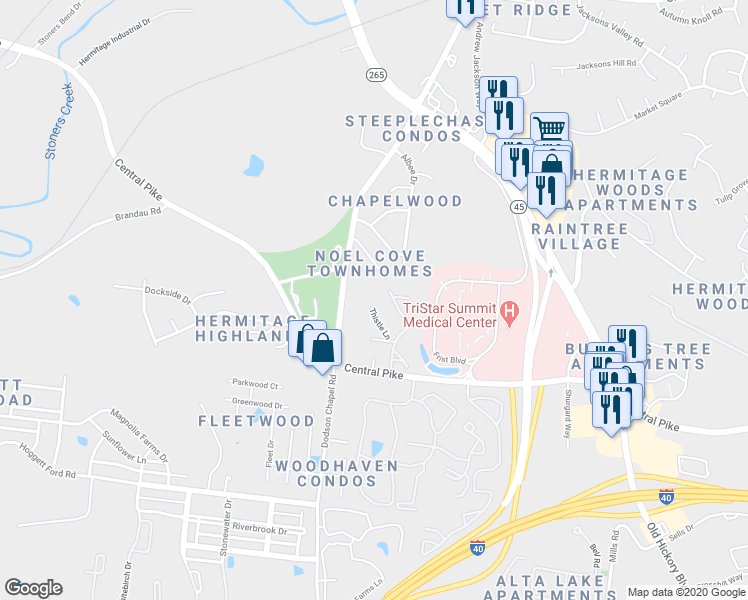 map of restaurants, bars, coffee shops, grocery stores, and more near 145 Thistle Lane in Nashville