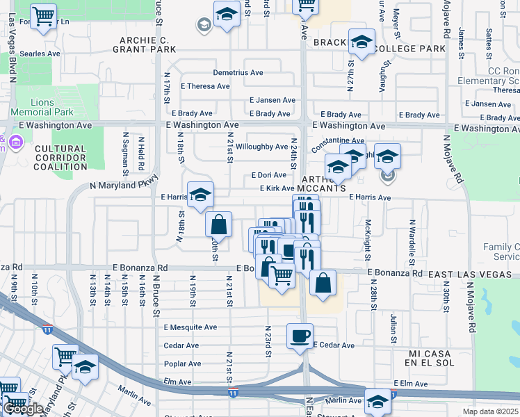 map of restaurants, bars, coffee shops, grocery stores, and more near 2305 East McWilliams Avenue in Las Vegas