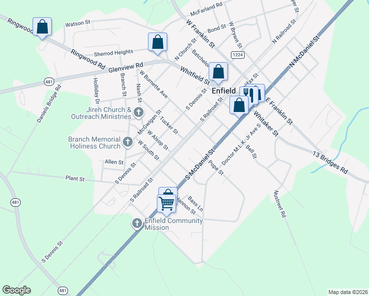 map of restaurants, bars, coffee shops, grocery stores, and more near 407 Southeast Railroad Street in Enfield