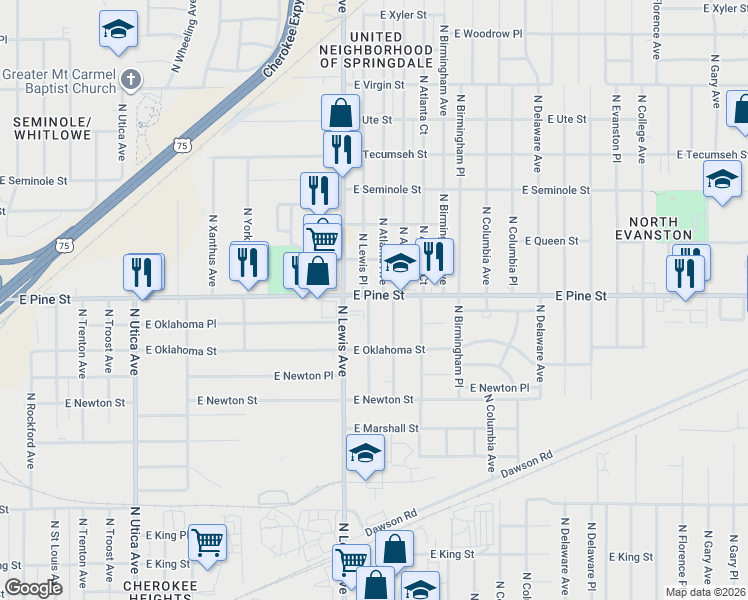 map of restaurants, bars, coffee shops, grocery stores, and more near 1448 North Atlanta Avenue in Tulsa