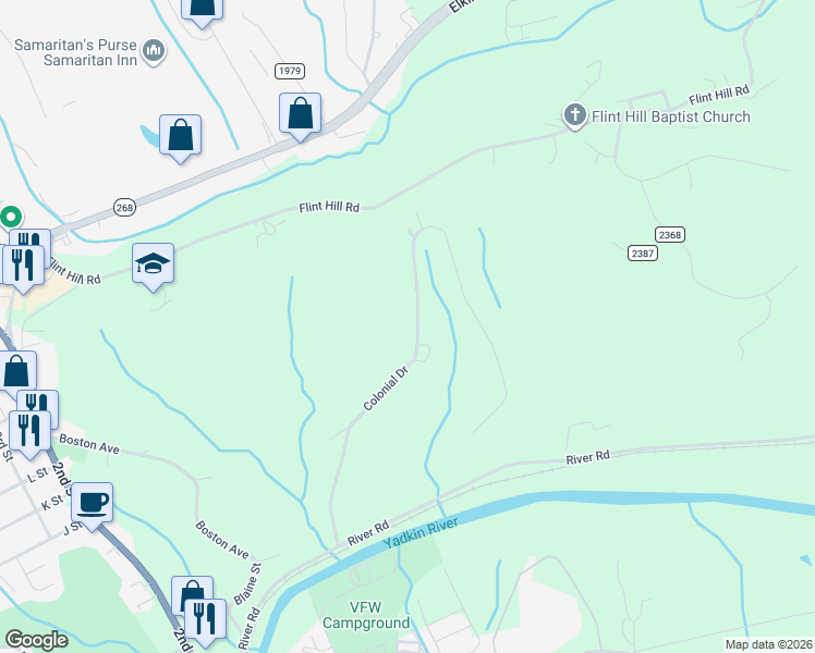 map of restaurants, bars, coffee shops, grocery stores, and more near 703 Colonial Drive in North Wilkesboro