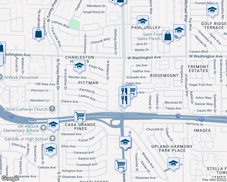 map of restaurants, bars, coffee shops, grocery stores, and more near 6121 Empire Circle in Las Vegas