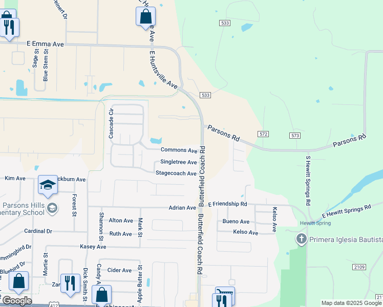 map of restaurants, bars, coffee shops, grocery stores, and more near 3217 Commons Avenue in Springdale