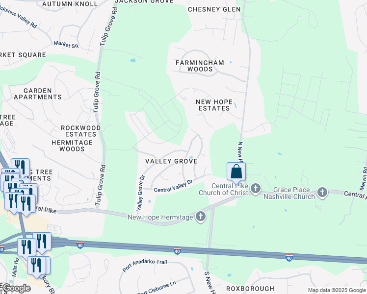 map of restaurants, bars, coffee shops, grocery stores, and more near 4341 Valley Grove Drive in Nashville