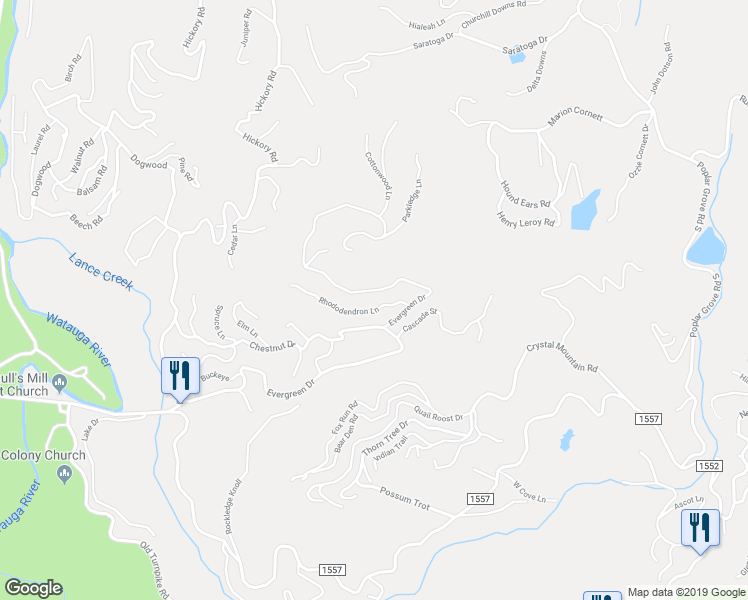 map of restaurants, bars, coffee shops, grocery stores, and more near 1113 Evergreen Drive in Boone