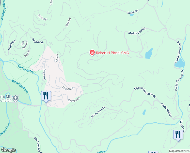 map of restaurants, bars, coffee shops, grocery stores, and more near 1113 Evergreen Drive in Boone