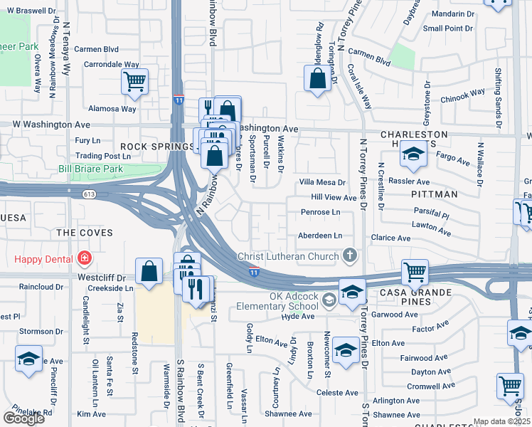 map of restaurants, bars, coffee shops, grocery stores, and more near 310 Brookside Lane in Las Vegas