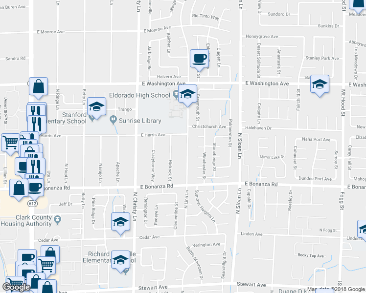 map of restaurants, bars, coffee shops, grocery stores, and more near 957 North Linn Lane in Las Vegas