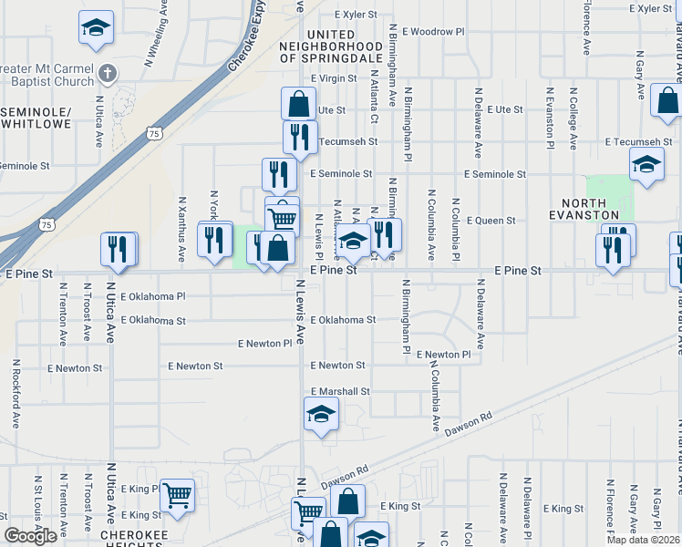 map of restaurants, bars, coffee shops, grocery stores, and more near 1448 North Atlanta Avenue in Tulsa