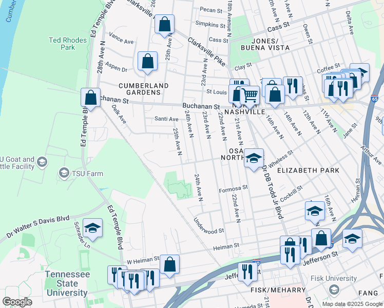 map of restaurants, bars, coffee shops, grocery stores, and more near 1705A 24th Avenue North in Nashville