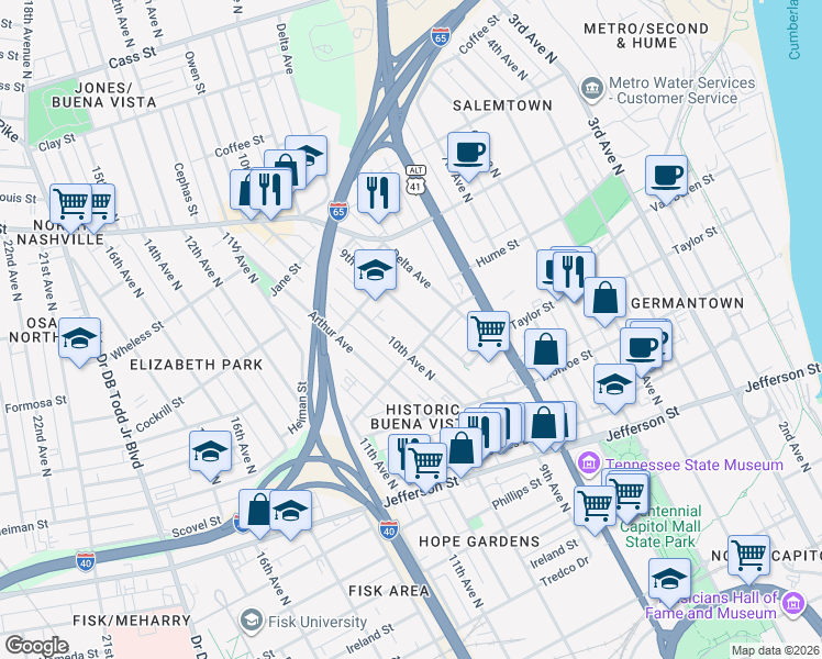 map of restaurants, bars, coffee shops, grocery stores, and more near 1506 10th Avenue North in Nashville