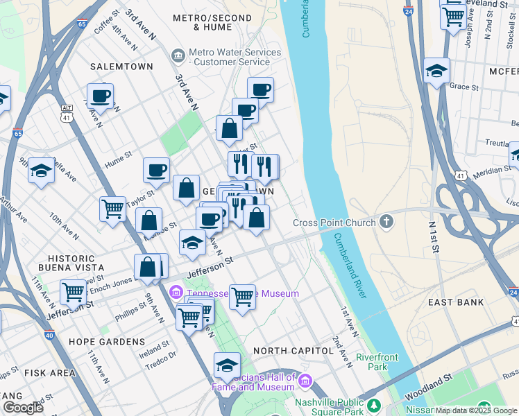 map of restaurants, bars, coffee shops, grocery stores, and more near 1214 3rd Avenue North in Nashville