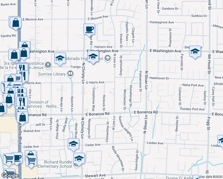 map of restaurants, bars, coffee shops, grocery stores, and more near 957 North Linn Lane in Las Vegas
