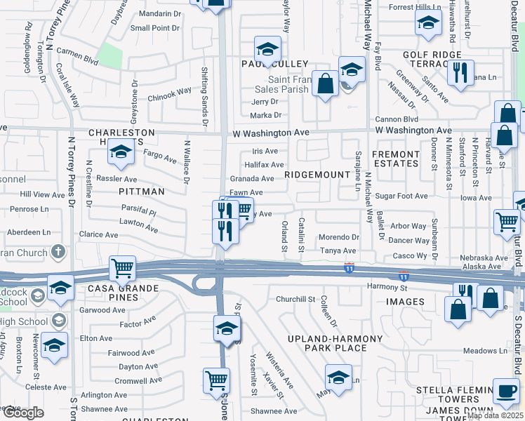 map of restaurants, bars, coffee shops, grocery stores, and more near 5812 Bromley Avenue in Las Vegas