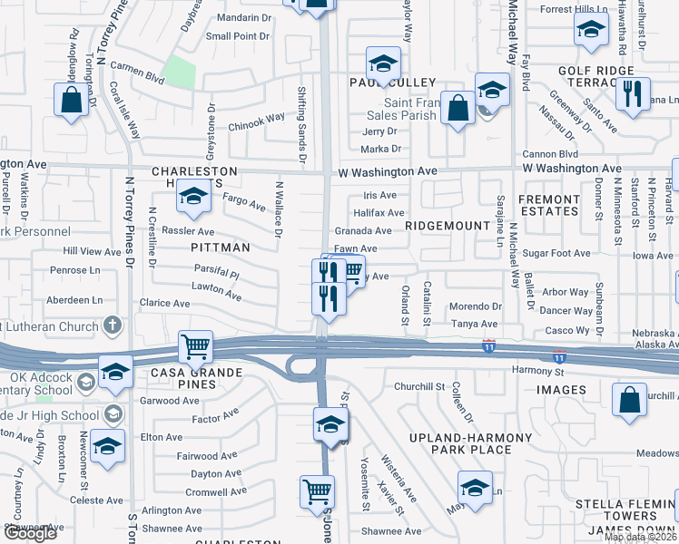 map of restaurants, bars, coffee shops, grocery stores, and more near 6101 Empire Circle in Las Vegas