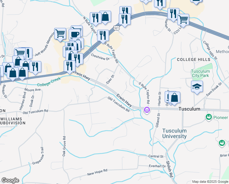 map of restaurants, bars, coffee shops, grocery stores, and more near 395 Erwin Highway in Greeneville