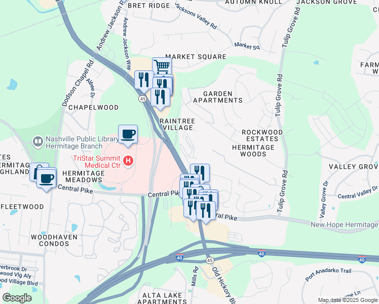 map of restaurants, bars, coffee shops, grocery stores, and more near 5636 Old Hickory Boulevard in Nashville