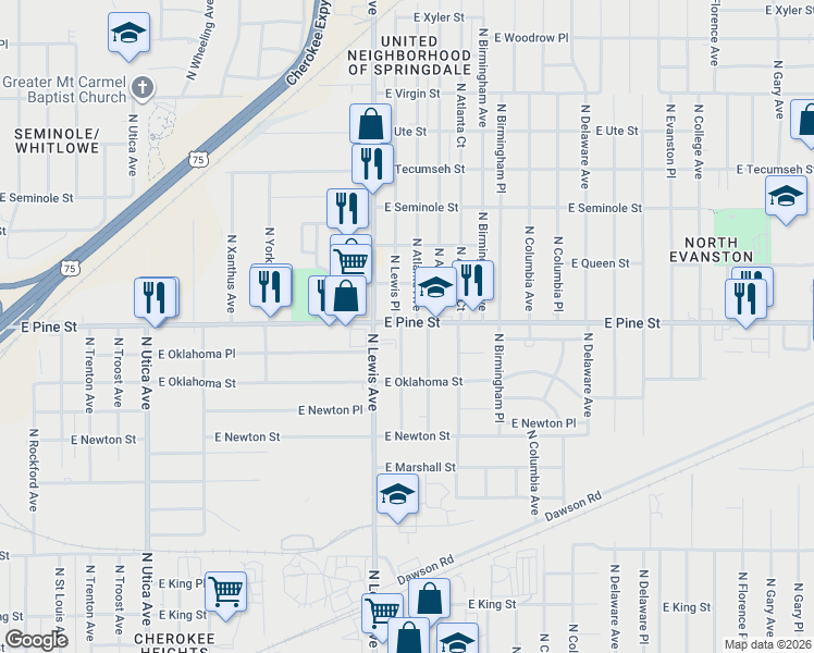 map of restaurants, bars, coffee shops, grocery stores, and more near 1448 North Atlanta Avenue in Tulsa
