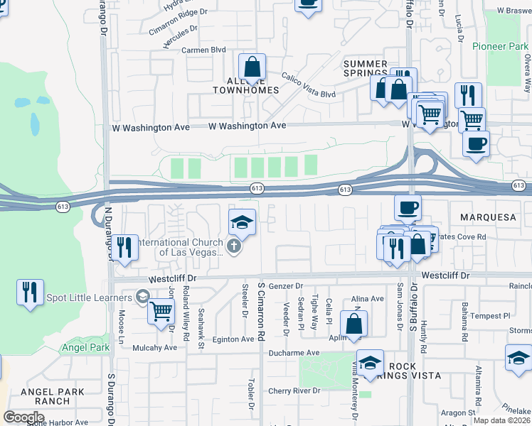 map of restaurants, bars, coffee shops, grocery stores, and more near 253 North Cimarron Road in Las Vegas