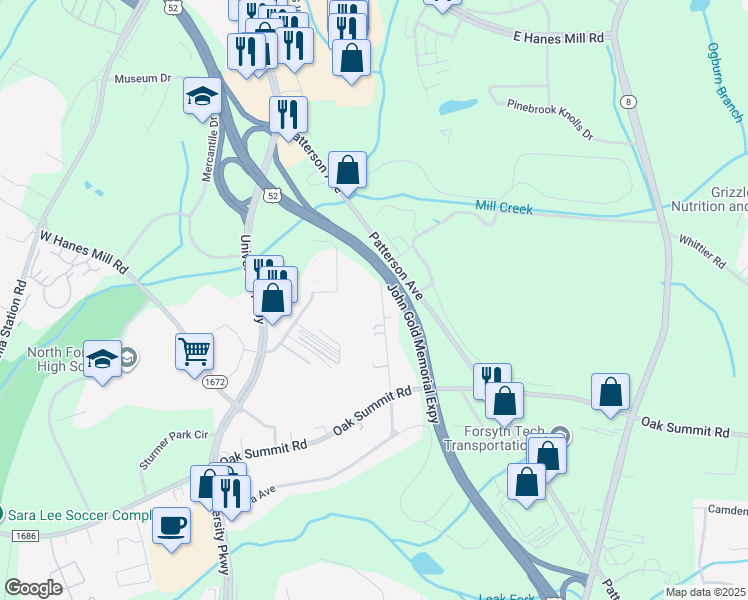 map of restaurants, bars, coffee shops, grocery stores, and more near 5546 Dogwood Drive in Winston-Salem