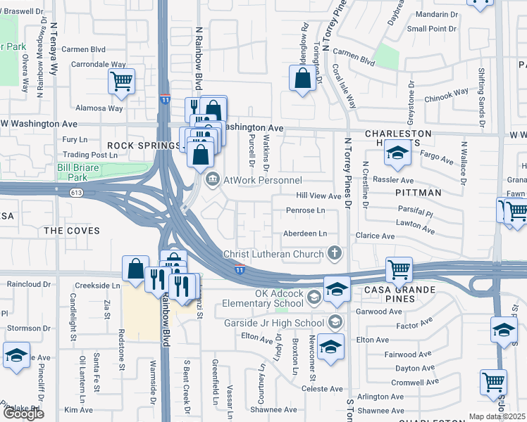 map of restaurants, bars, coffee shops, grocery stores, and more near 310 Brookside Lane in Las Vegas