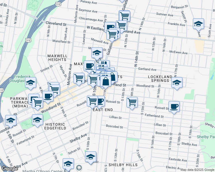 map of restaurants, bars, coffee shops, grocery stores, and more near 107 South 11th Street in Nashville