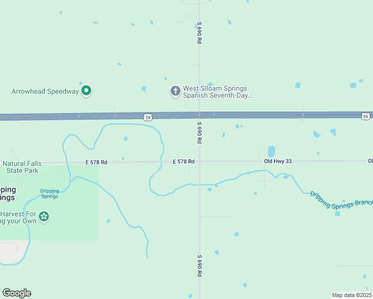 map of restaurants, bars, coffee shops, grocery stores, and more near 57991 South 690 Road in Colcord