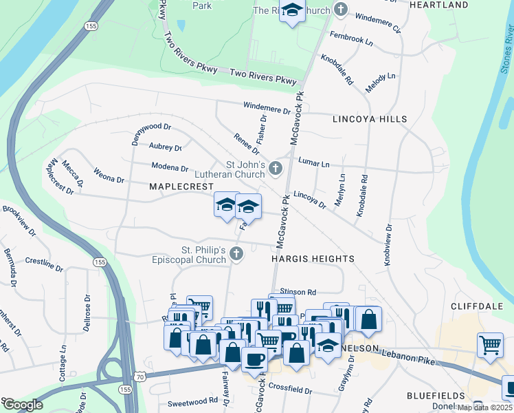 map of restaurants, bars, coffee shops, grocery stores, and more near 2422 Maplecrest Drive in Nashville