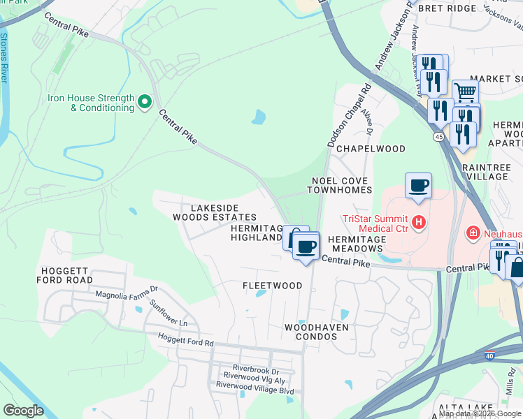 map of restaurants, bars, coffee shops, grocery stores, and more near 3754 Central Pike in Nashville