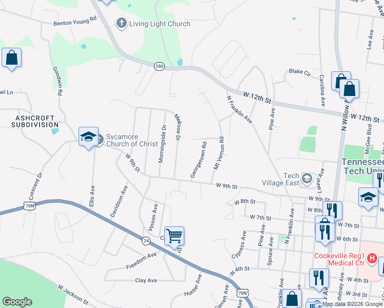 map of restaurants, bars, coffee shops, grocery stores, and more near 972 Georgetown Road in Cookeville