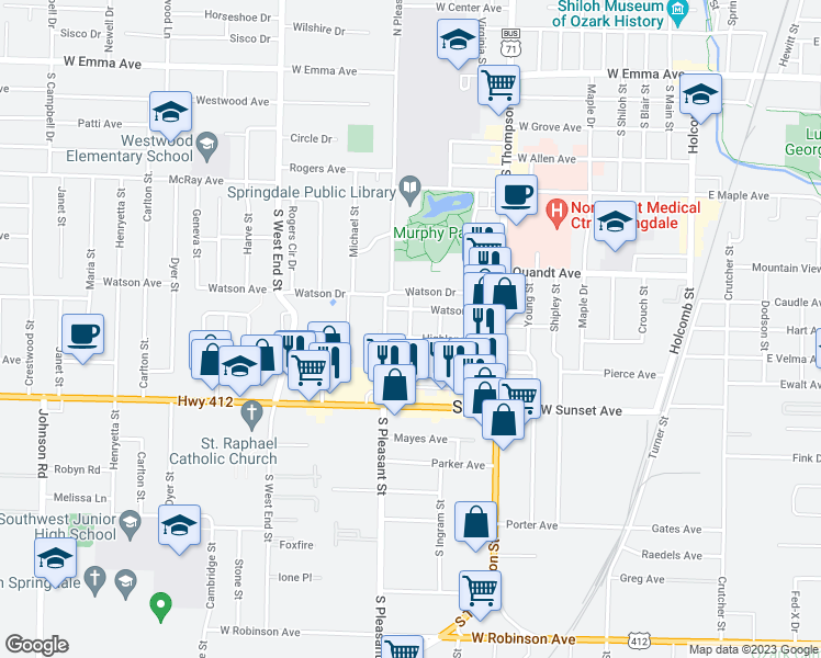 map of restaurants, bars, coffee shops, grocery stores, and more near 998 Pine Street in Springdale
