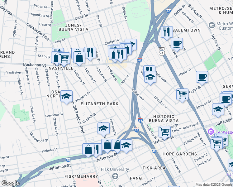 map of restaurants, bars, coffee shops, grocery stores, and more near 1606 12th Avenue North in Nashville