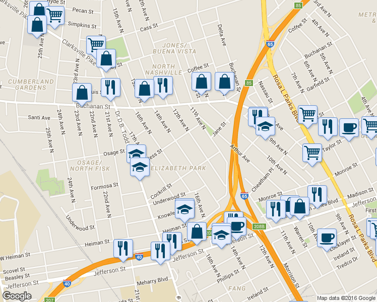 map of restaurants, bars, coffee shops, grocery stores, and more near 1618 14th Avenue in Nashville