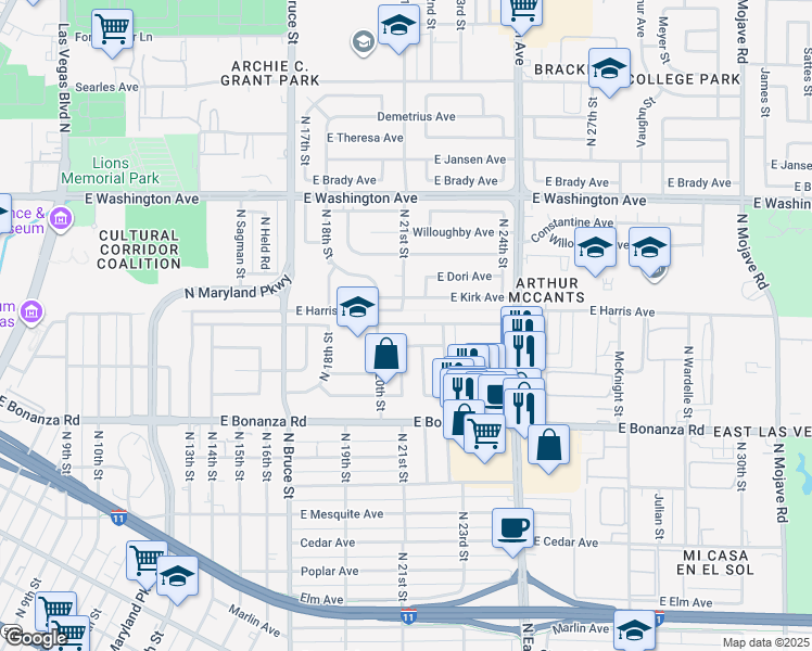 map of restaurants, bars, coffee shops, grocery stores, and more near 2101 East McWilliams Avenue in Las Vegas