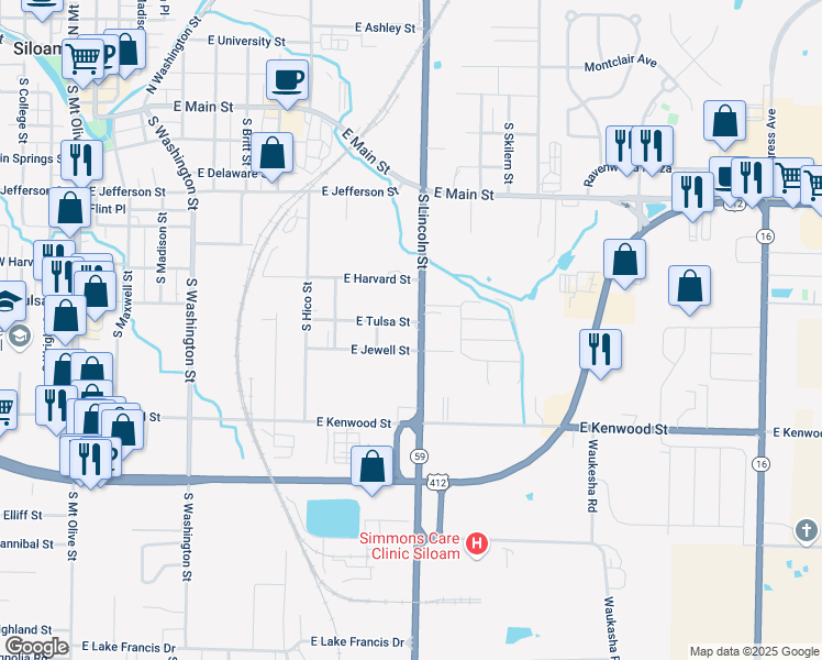map of restaurants, bars, coffee shops, grocery stores, and more near 830 West Tulsa Street in Siloam Springs
