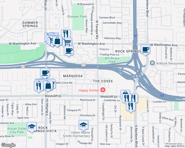 map of restaurants, bars, coffee shops, grocery stores, and more near 7100 West Pirates Cove Road in Las Vegas