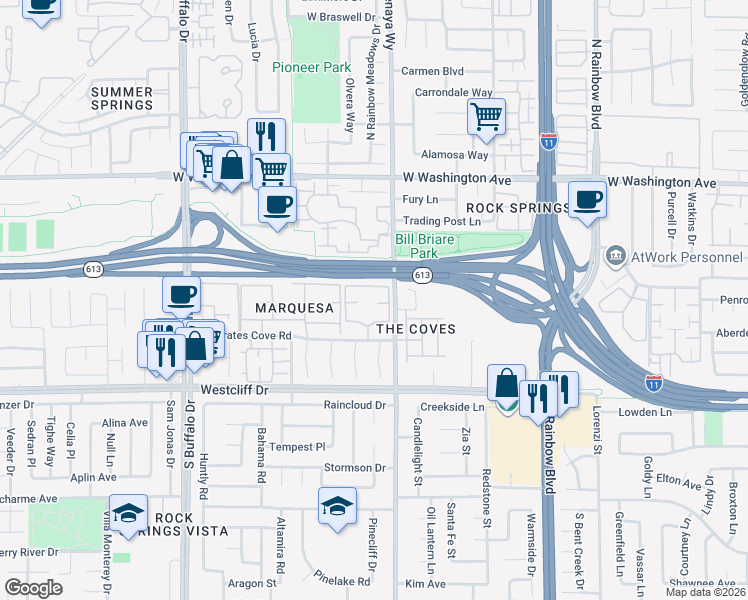 map of restaurants, bars, coffee shops, grocery stores, and more near 7100 West Pirates Cove Road in Las Vegas