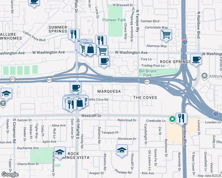 map of restaurants, bars, coffee shops, grocery stores, and more near 7200 West Pirates Cove Road in Las Vegas