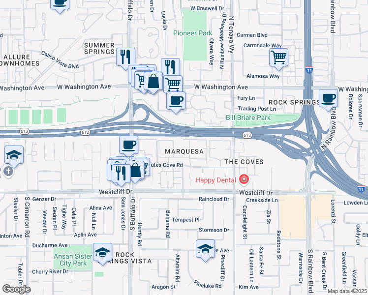 map of restaurants, bars, coffee shops, grocery stores, and more near 7300 West Pirates Cove Road in Las Vegas