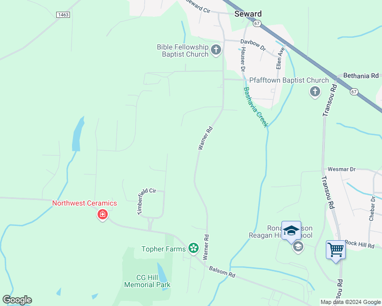 map of restaurants, bars, coffee shops, grocery stores, and more near 4600 Warner Road in Pfafftown