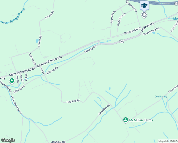 map of restaurants, bars, coffee shops, grocery stores, and more near 1345 Midway Road in Midway