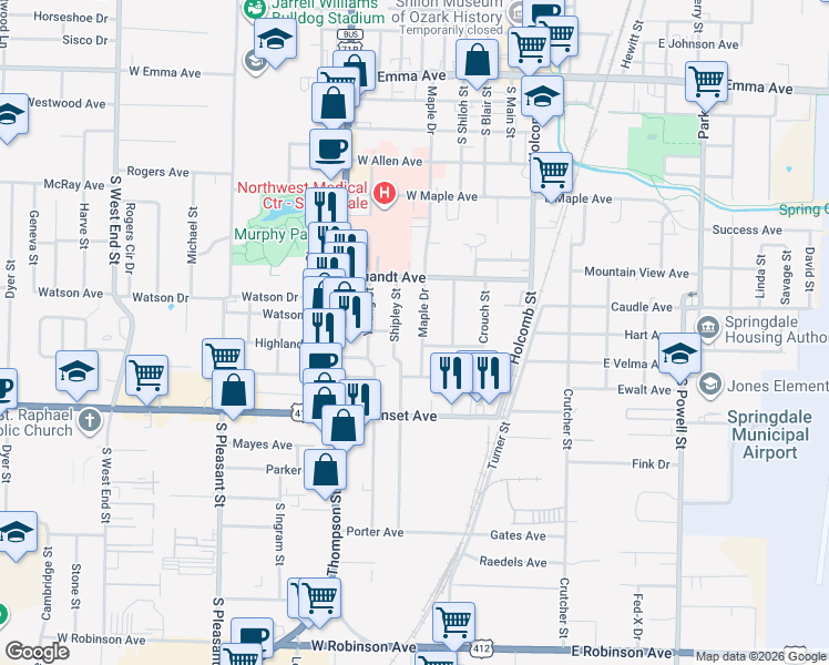 map of restaurants, bars, coffee shops, grocery stores, and more near 717 Maple Drive in Springdale