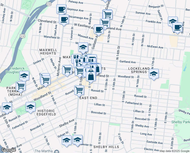 map of restaurants, bars, coffee shops, grocery stores, and more near 107 South 11th Street in Nashville